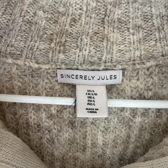Sincerely Jules Beige Cropped Zip Mock Neck Wool Blend Ribbed Knit Sweater Large - Picture 3 of 4